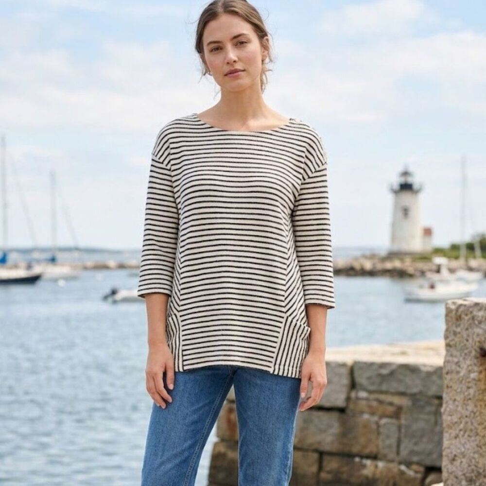 W5 Striped Knit Tunic Top Womens Size L Coastal Nautical Lagenlook Relaxed Fit